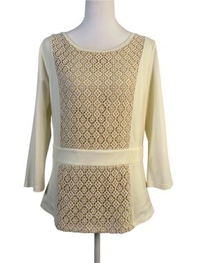 Ann Taylor Cream Lace-Front& Back Mixed‑Media Top With Lace Panel Size M